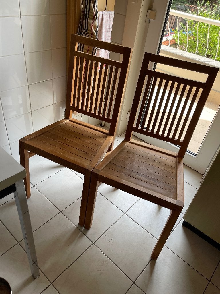 2 chaises de cuisine en teck - bois massif, Moins de 75 cm, Comme neuf, Enlèvement, Bois