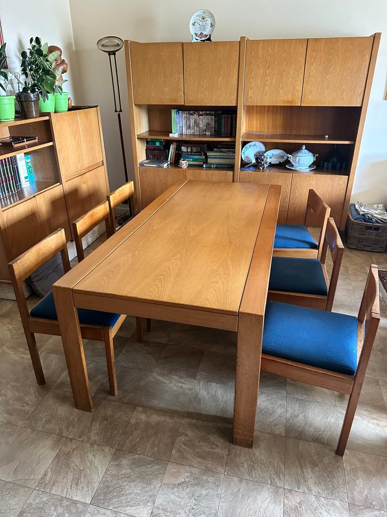 Vintage massief houten eetkamer, Ophalen, Gebruikt, Vintage, 6 tot 8 stoelen