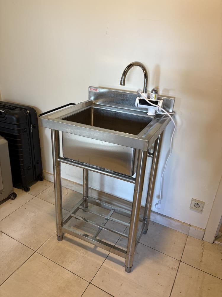 RVS vrijstaande handwasbak + elektrische boilerkraan, Ophalen, Gebruikt, Inox Meubilair