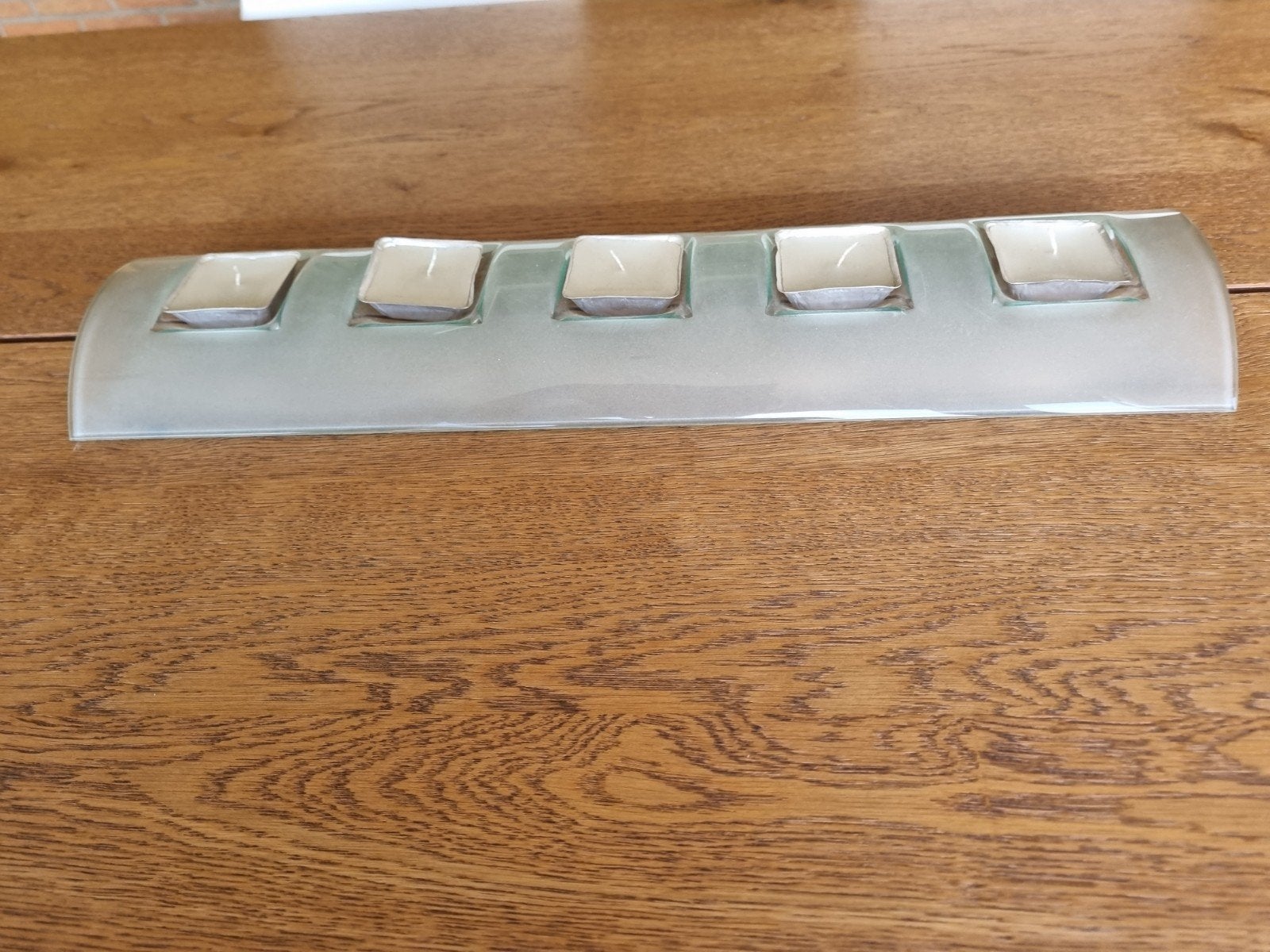 tafelversiering    mooi glaswerk met 5 kaarsjes  mat  glas, Huis en Inrichting, Woonaccessoires | Boeddhabeelden, Ophalen, Glas