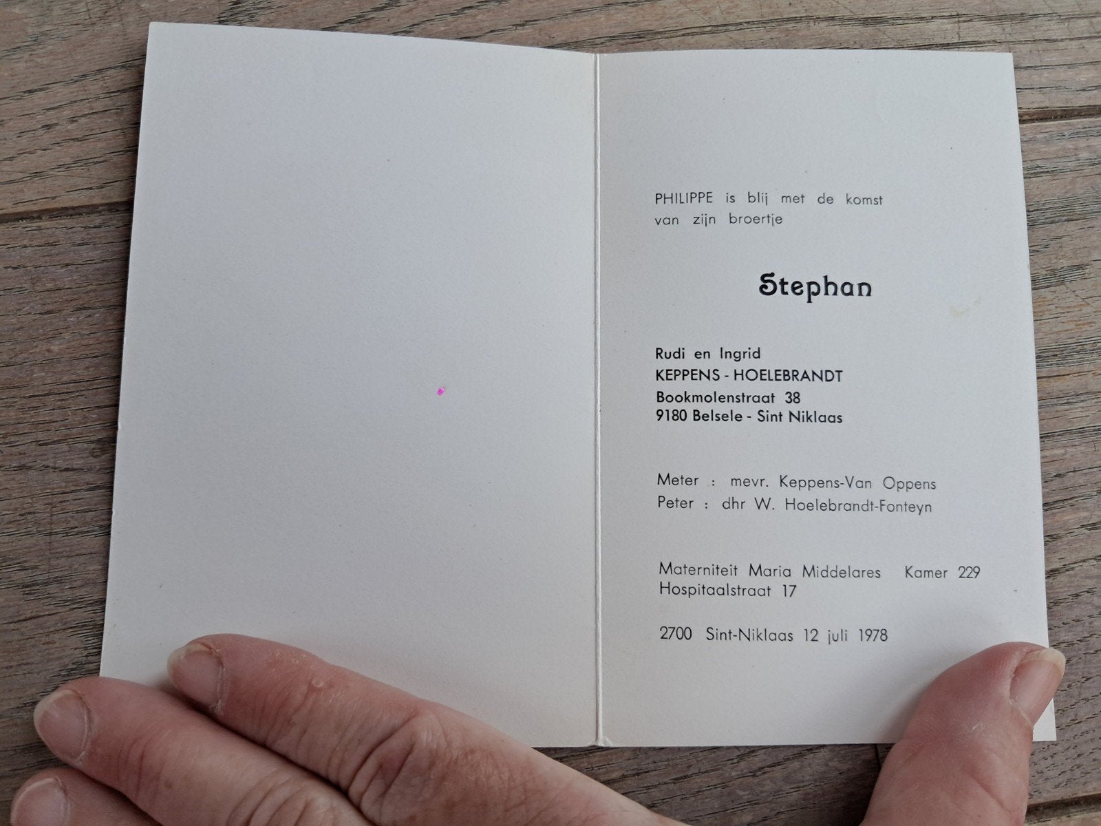 Retro geboortekaartje, 1978, Stephan Keppens, Sint -Niklaas, Ophalen of Verzenden