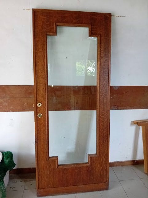 Oude houten binnendeur van eik met geslepen glas, Doe-het-zelf en Bouw, Deuren en Vliegenramen, Ophalen, Gebruikt, 80 tot 100 cm