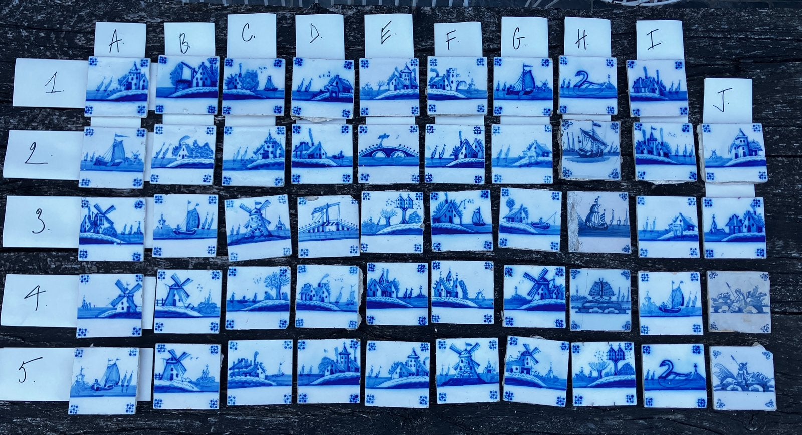 Lot antieke Delftse tegels (49 stuks) spinmotief 18 eeuws, Ophalen