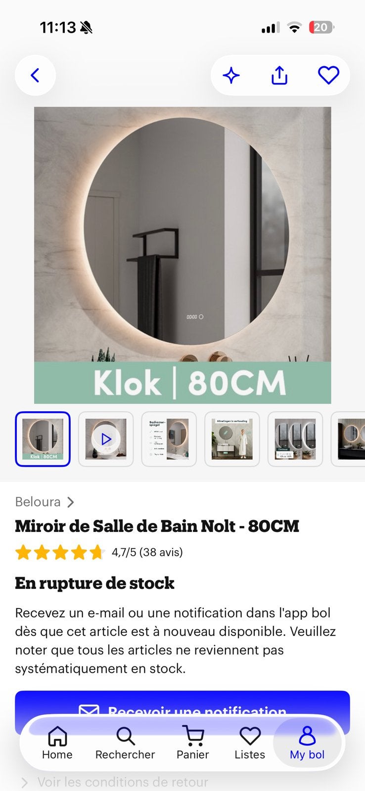 Miroir led rond neuf 80cm, Enlèvement, Comme neuf, Rond