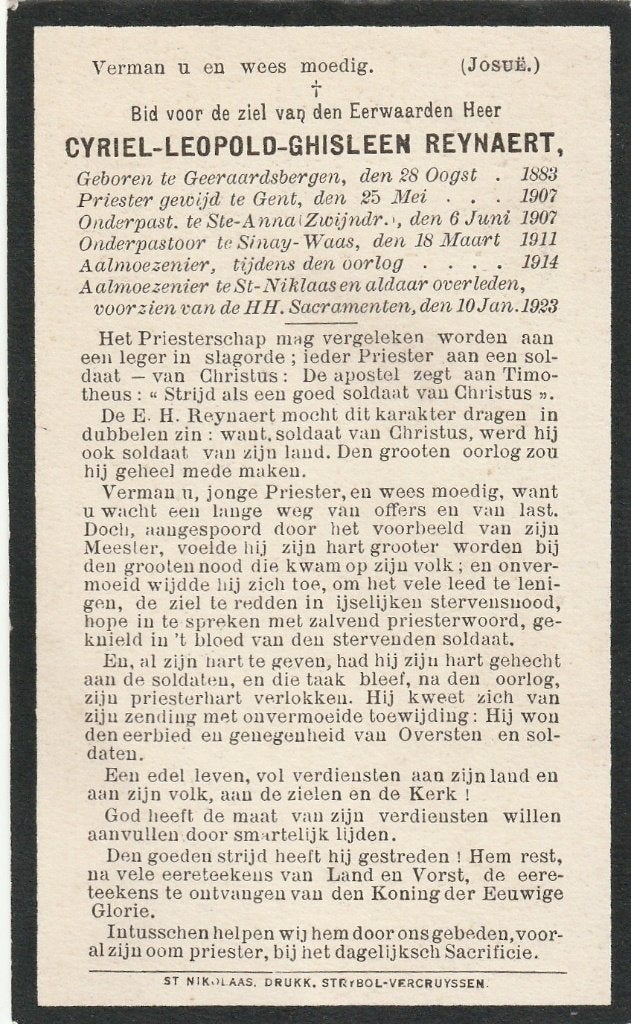 Legeraalmoezenier 1914-1918 ZEH Cyriel Leopold Reynaert, Ophalen of Verzenden