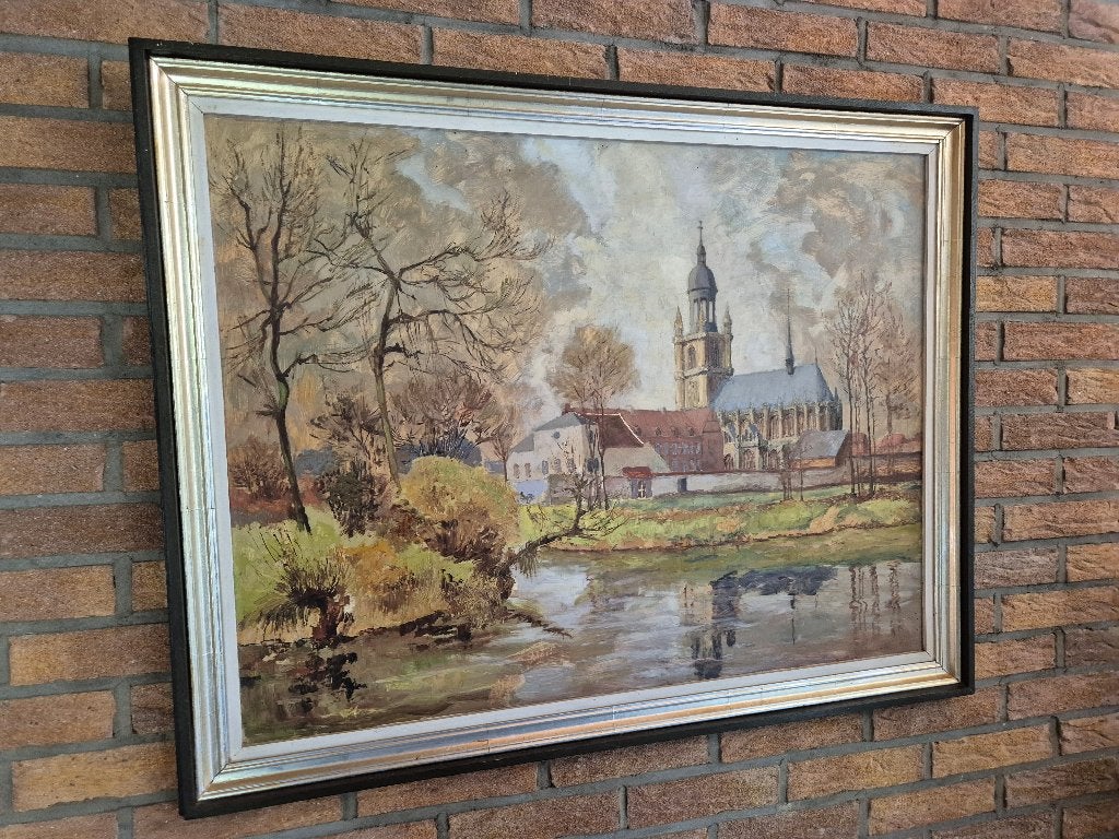 Sfeervol klassiek olieverfschilderij Kerk aan het water, Antiquités & Art, Art | Peinture | Classique, Peinture à l'huile, Enlèvement