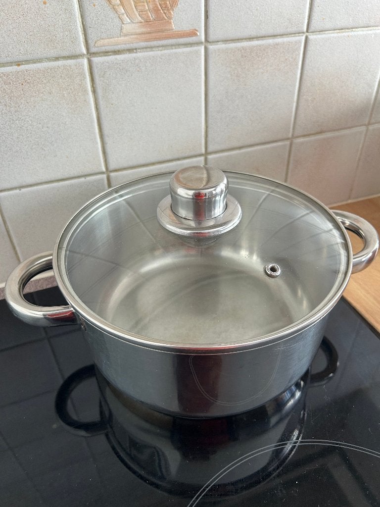 Inductie-kookpot met glazen deksel, Huis en Inrichting, Ophalen, Inox, Gebruikt, Kookpan
