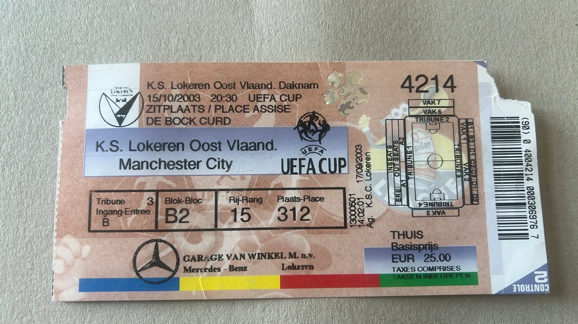 Ticket UEFA Cup 2003 KSC Lokeren - Manchester City, Envoi, Utilisé, Autres types