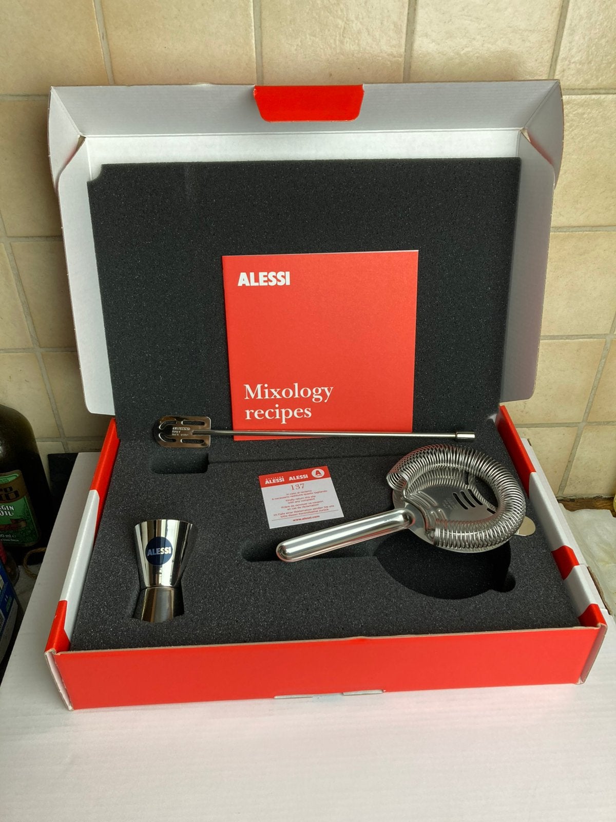 Nieuwe barset cocktail set Alessi maatbeker zeef roerstok, Ophalen, Zilver, Metaal, Set