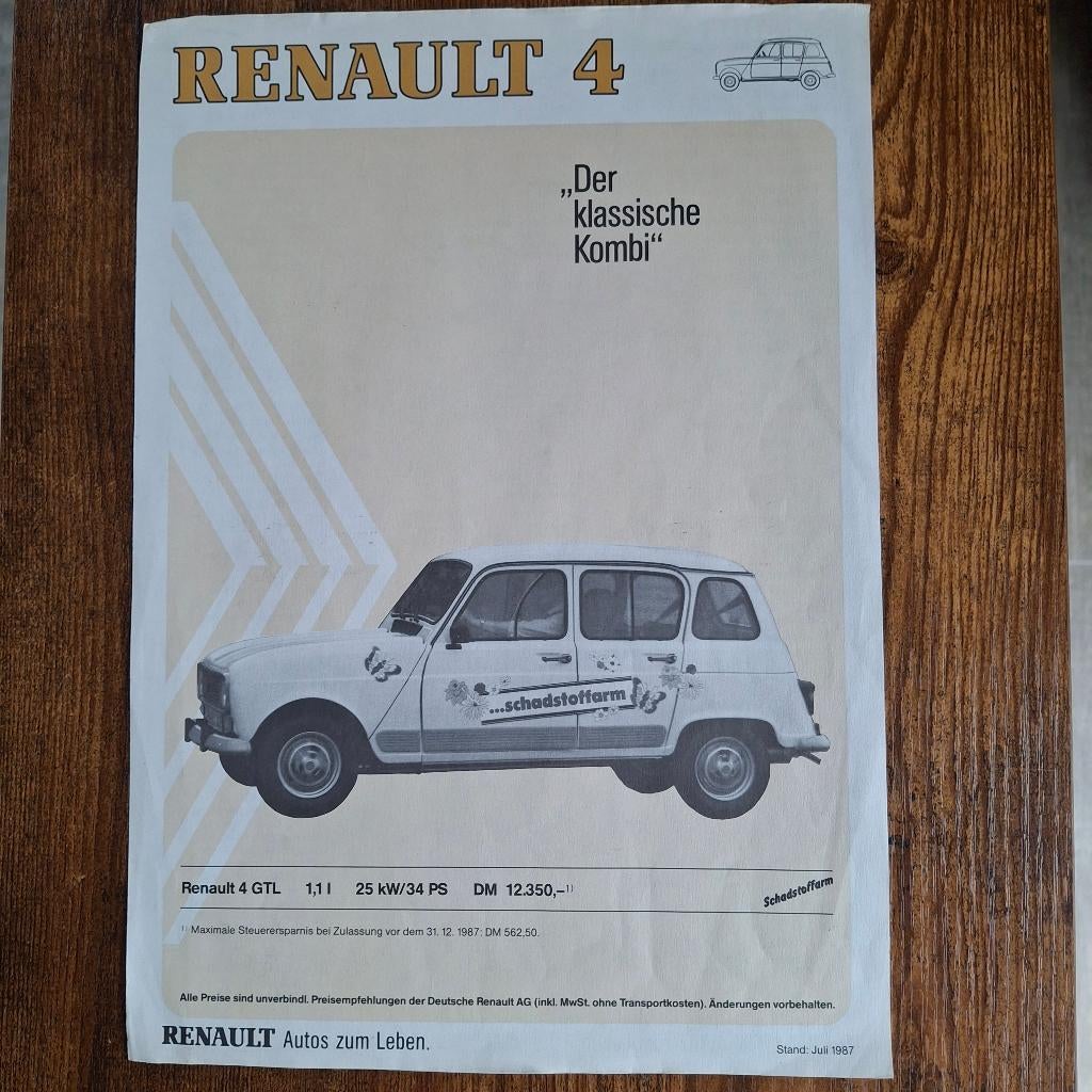 RENAULT 4  " Der klassische Kombi"    7/1987, Livres, Autos | Brochures & Magazines, Enlèvement ou Envoi, Comme neuf, Renault