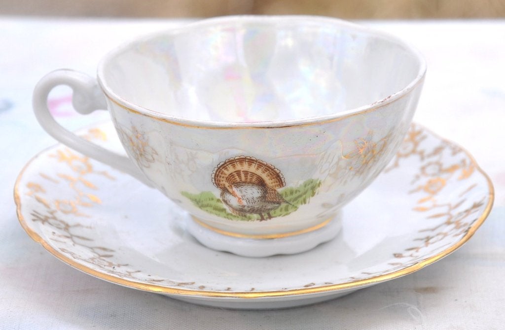 tasses + sous tasse porcelaine decor au paon et coq, Enlèvement ou Envoi