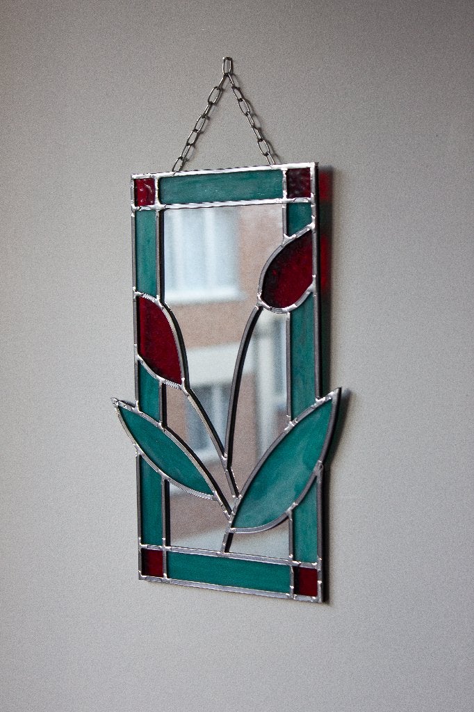 Miroir artisanal en vitrail au plomb – Pièce unique signée, Antiquités & Art, Enlèvement ou Envoi