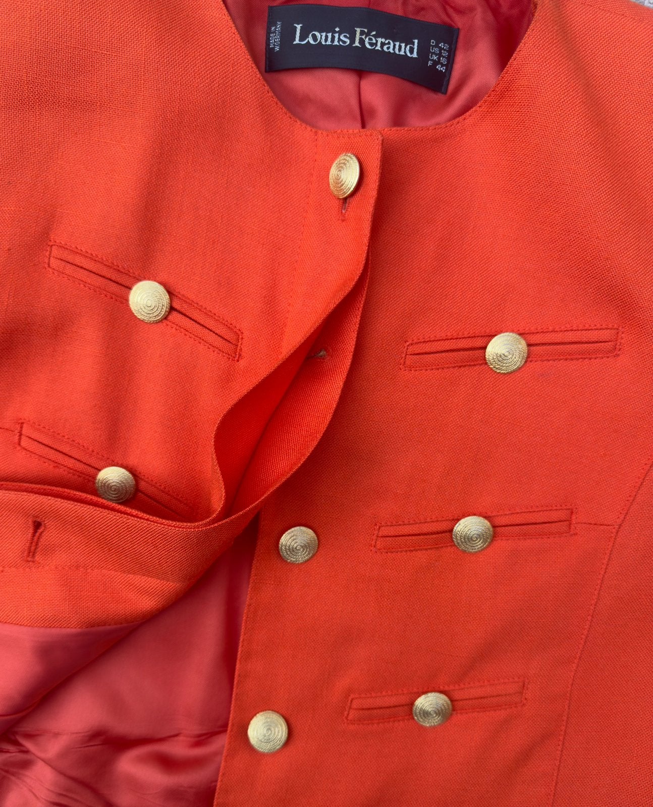 Vintage  jacket met bijpassende rok van Louis Féraud., Enlèvement, Porté, Taille 42/44 (L), Orange