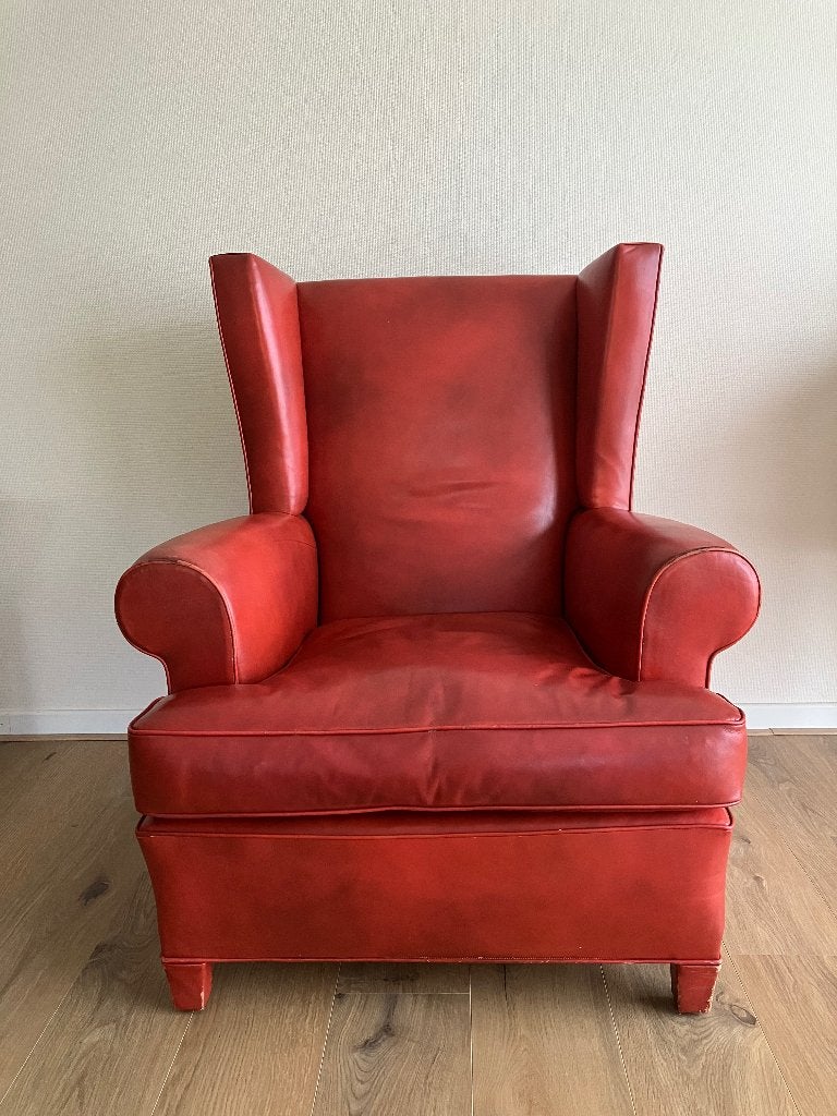 Luxe lederen oorfauteuil (wingback) anno 1960, Huis en Inrichting, Ophalen, Leer