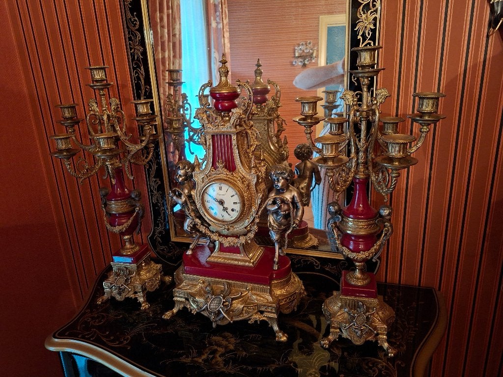 Bronzen schouwklok antiek met rood, Antiquités & Art, Enlèvement