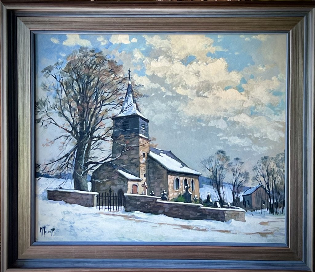 Michel Genot. Eglise de Rahier sous la neige., Paneel, Ophalen of Verzenden, Olieverf, Klassiek