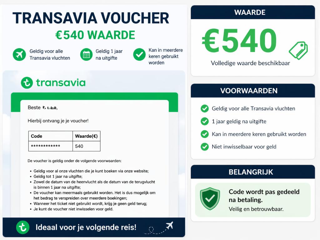 Transavia voucher €540 waarde (korting), Tickets en Kaartjes, Eén persoon, Cadeaubon