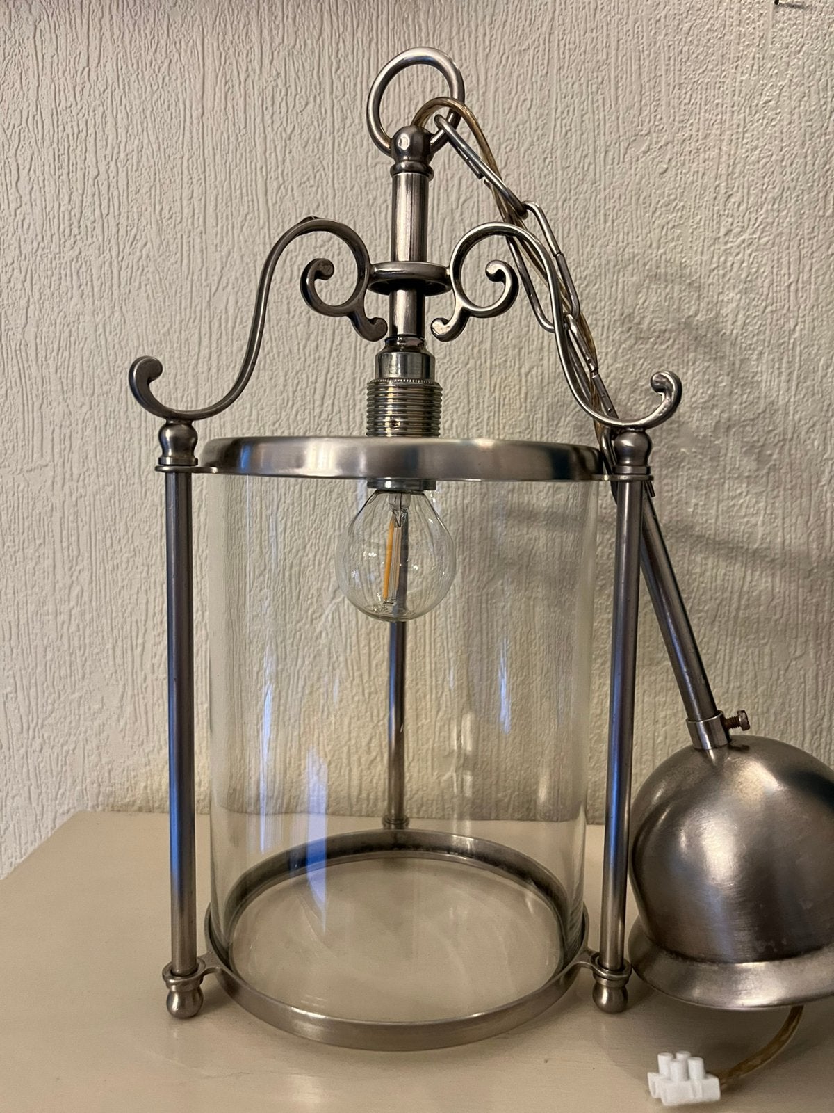 Lanterne suspendue en métal argenté de style  anglais, Enlèvement ou Envoi, Verre, Utilisé, E14 (petit)