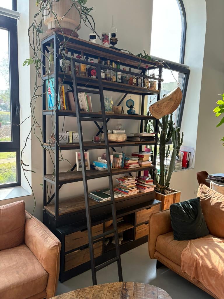 Étagère bibliothèque avec échelle, bois & métal noir(243 cm), Neuf, 25 à 50 cm, 150 à 200 cm, Enlèvement