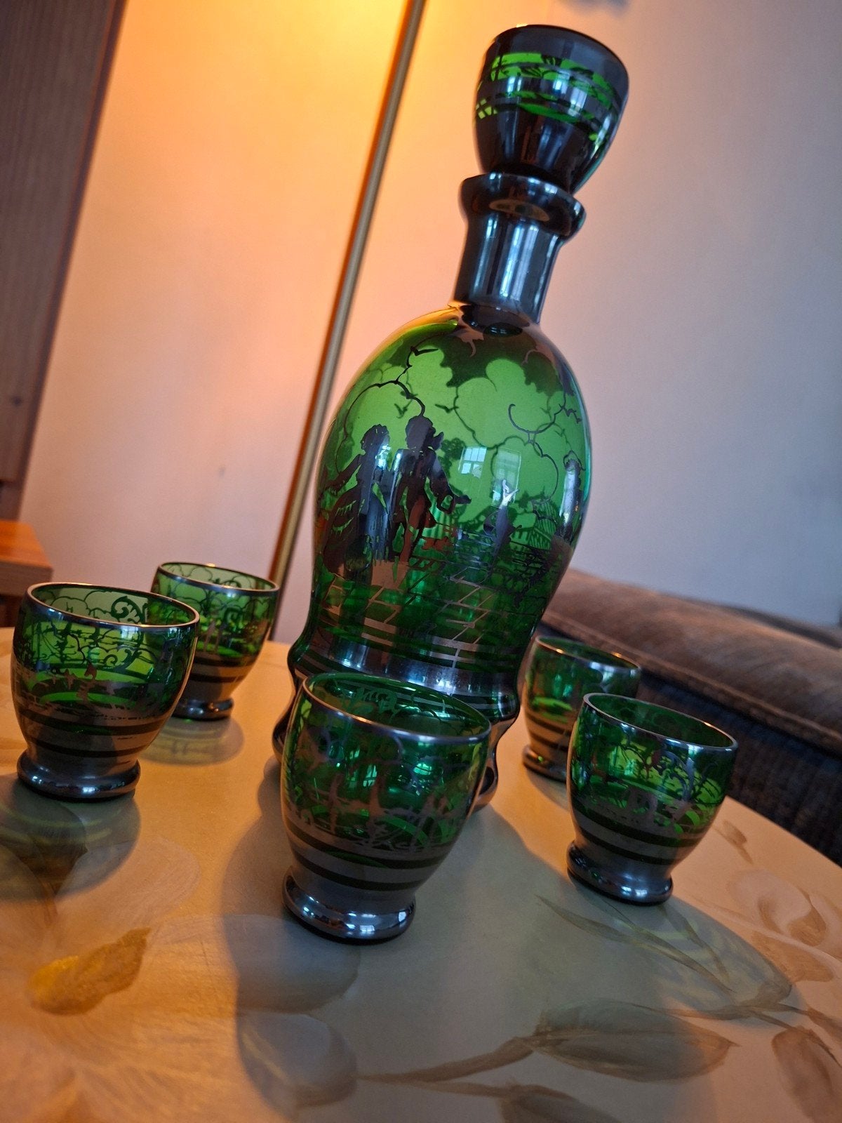 Prachtige vintage groene karafset met 6 glaasjes – compleet, Enlèvement ou Envoi