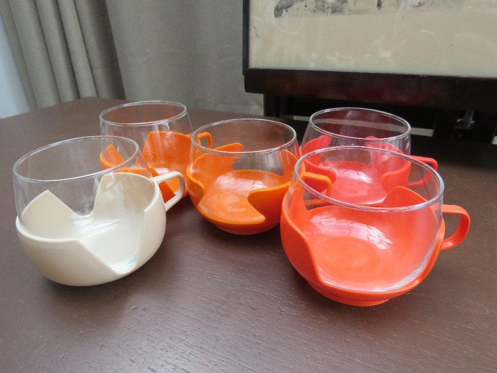 set van 5 koffie theeglazen jaren 70 glas kunststof, Ophalen of Verzenden