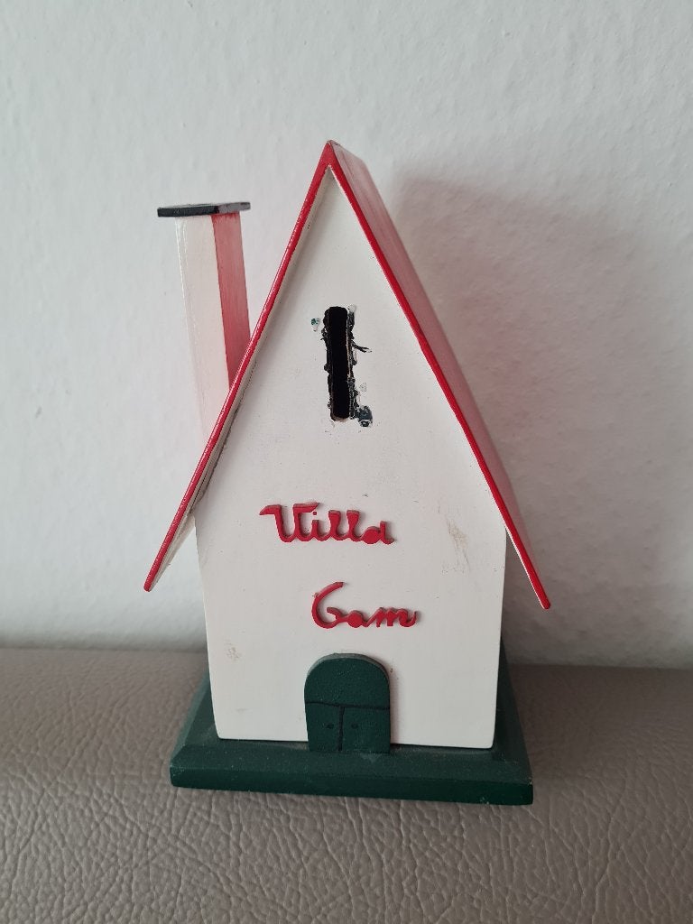 Vintage houten spaarpot - villa, Verzamelen, Ophalen of Verzenden