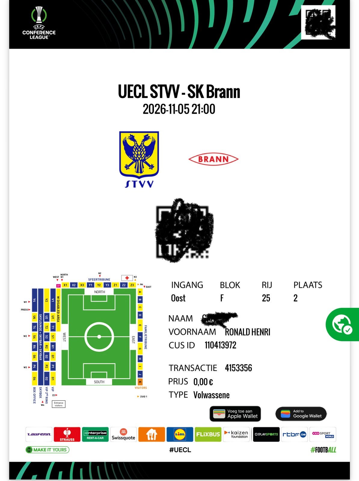 2 billets pour UECL STVV - SK Brann [05/11/2026-21:00], Tickets & Billets, Cartes en vrac, Deux personnes, Novembre