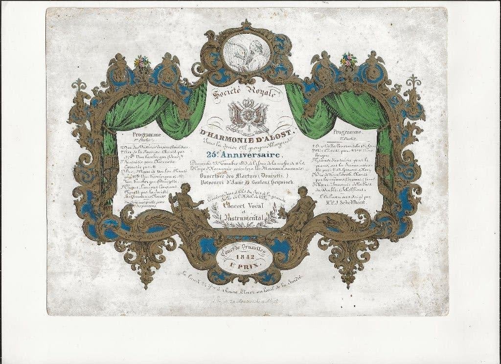 aalst  1842 porceleinkaart harmonie 25 jaar zeldzaam, Verzamelen, Foto's en Prenten, Gebruikt, Ophalen of Verzenden, Voor 1940