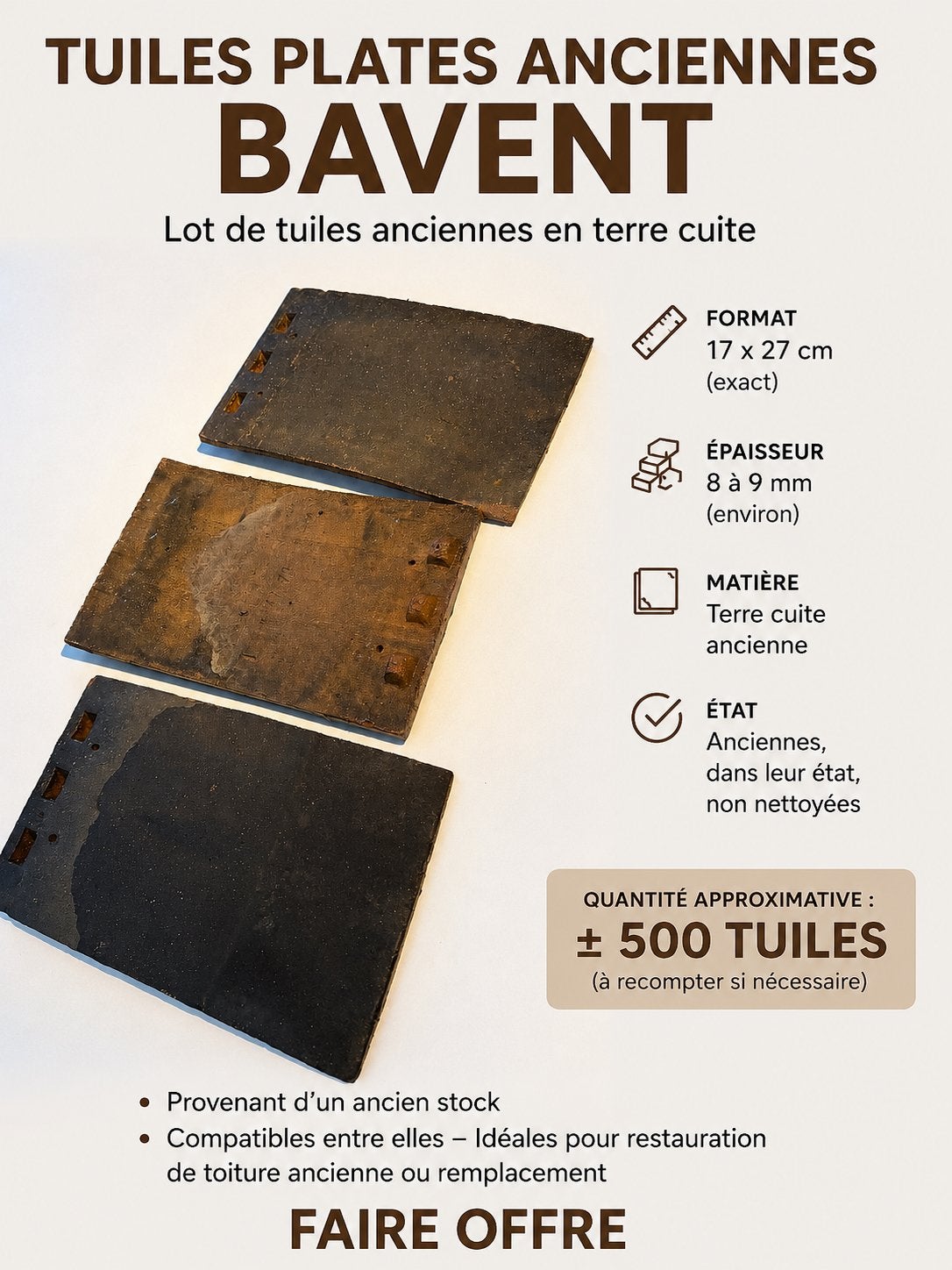 Tuiles plates anciennes BAVENT –  500 pièces – 17  27 cm, Enlèvement, Utilisé, Autres matériaux, 10 à 30 cm
