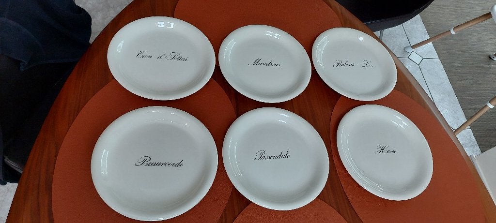 6 borden met namen van kazen; in prima staat, Ophalen, Gebruikt, Bord(en)