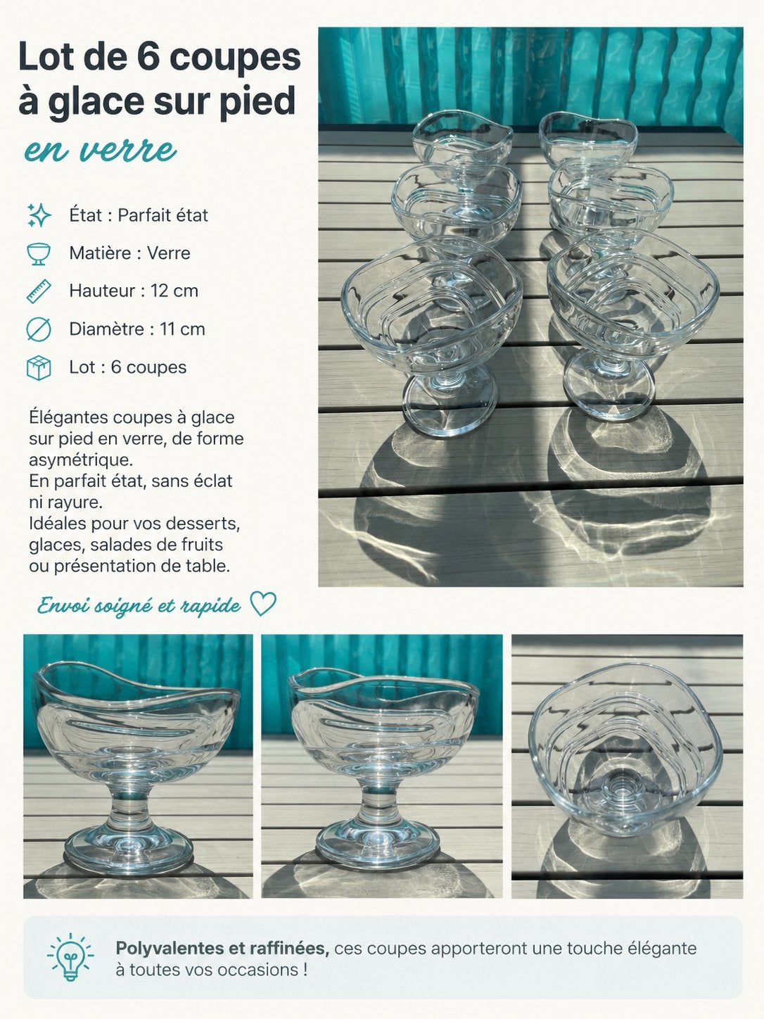 Lot de 6 coupes à glace en verre, sur pied, Maison & Meubles, Service complet, Comme neuf, Verre, Enlèvement