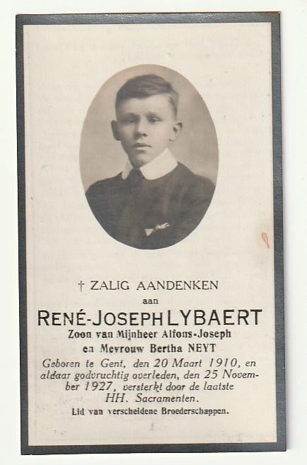 Rene Lybaert zoon Alfons Bertha Neyt Gent 1910 - 1927 (foto), Verzenden, Bidprentje