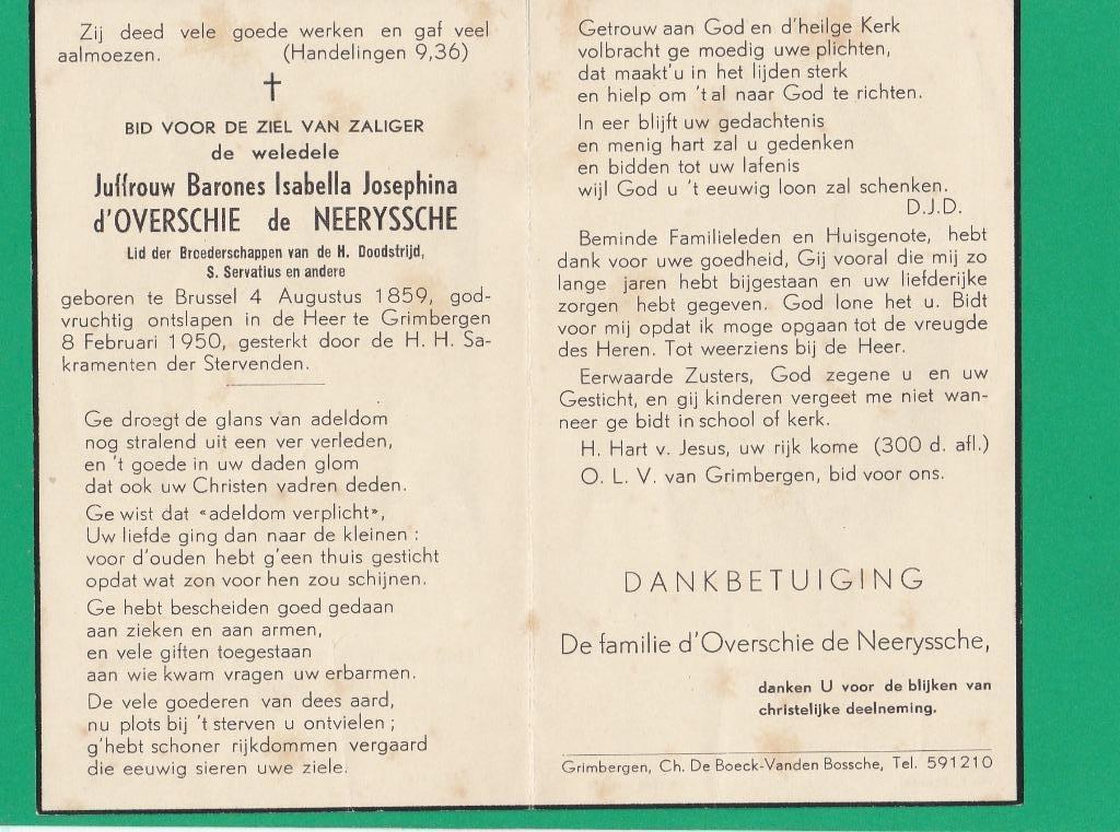 DP Barones Isabella d'Overschie de Neeryssche, Collections, Images pieuses & Faire-part, Image pieuse, Envoi