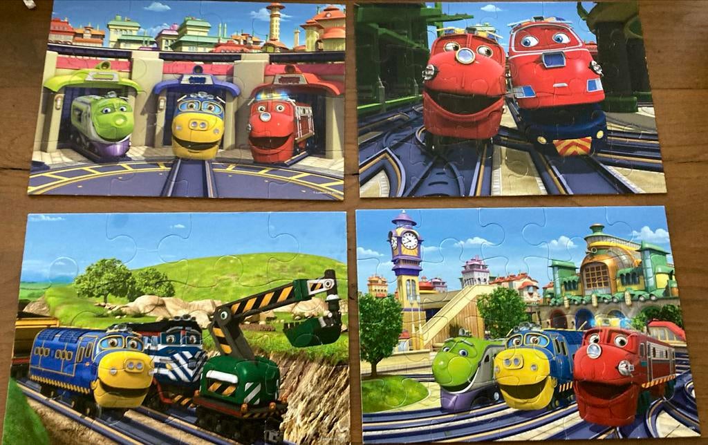 179: Chiggington trein 4 puzzels in 1 doos, Ophalen of Verzenden, 10 tot 50 stukjes, Zo goed als nieuw, 2 tot 4 jaar