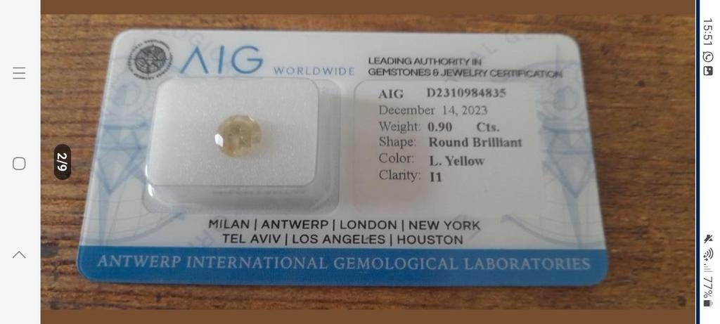 diamant jaune, neuf original de 0,90 carats avec certificat, Enlèvement ou Envoi