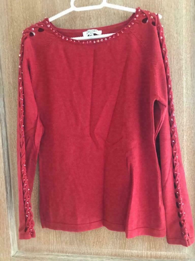 Rode pull met parels - maat M/L - oksel/oksel 44cm (zn3627), Enlèvement ou Envoi, Comme neuf, Taille 38/40 (M), Rouge