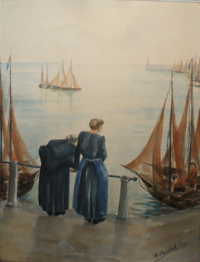 Madeleine Droesbeke Cocq (1889-?): Vissershaven (49 x 60 cm), Antiek en Kunst, Kunst | Schilderijen | Klassiek, Ophalen of Verzenden