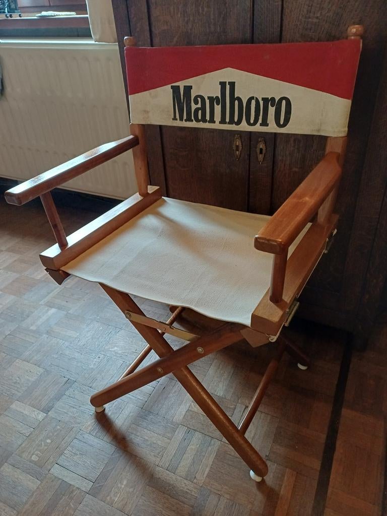 Vintage regisseursstoel met reclame van Marlboro, Verzamelen, Ophalen of Verzenden, Gebruikt, Gebruiksvoorwerp