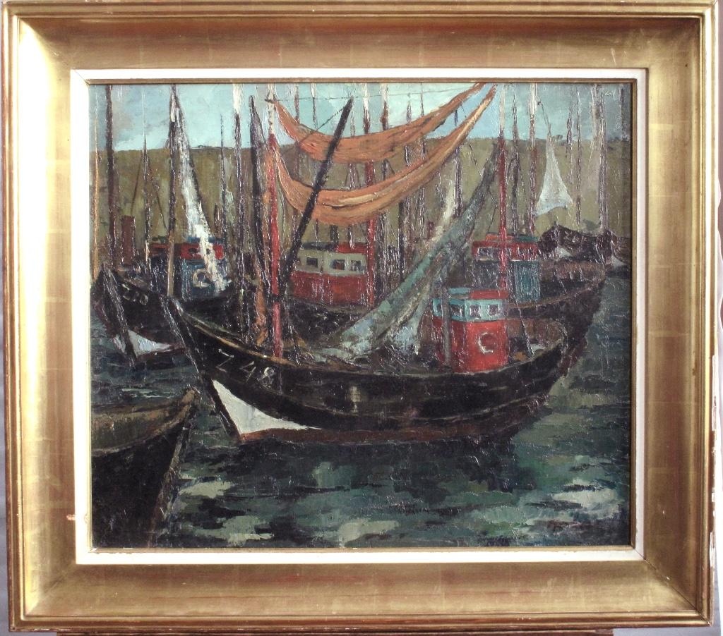 Huile, Bateaux de pêche à Zeebrugge, signé à identifier, Enlèvement ou Envoi