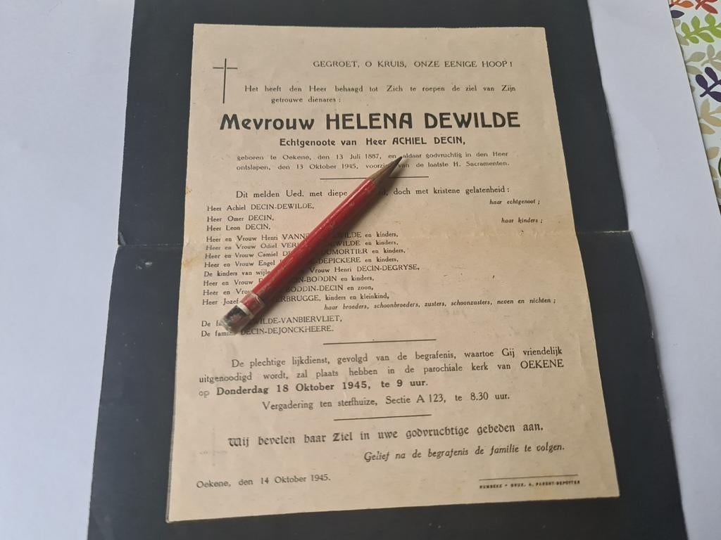 Rouwbrief + bidprentje helena dewilde 1887-1945, Ophalen of Verzenden