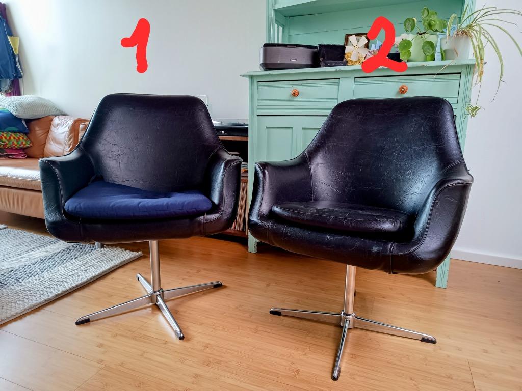 2 lederen kuipzetels op chromé voet jaren 50, Huis en Inrichting, Fauteuils, Ophalen, Gebruikt, 50's, Leer
