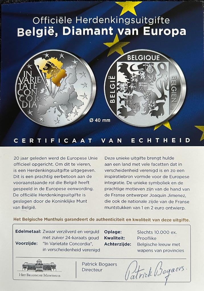 Officiële Herdenkingsmunt - België, Diamant van Europa, Postzegels en Munten, Munten | Europa | Euromunten, België, Goud, Losse munt