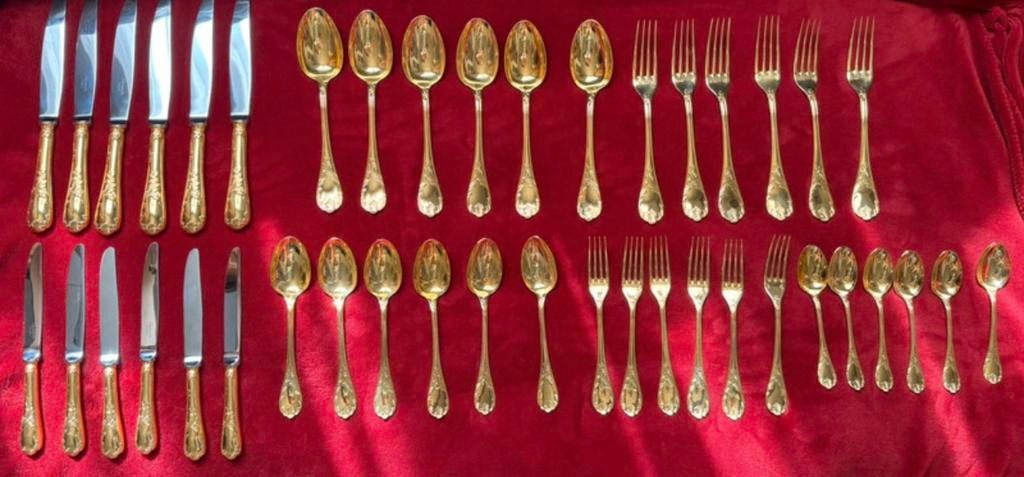 Ménagère Christofle Marly dorure totale or jaune 18 carats, Maison & Meubles, Fourchette à dessert, Comme neuf, Enlèvement, Christofle
