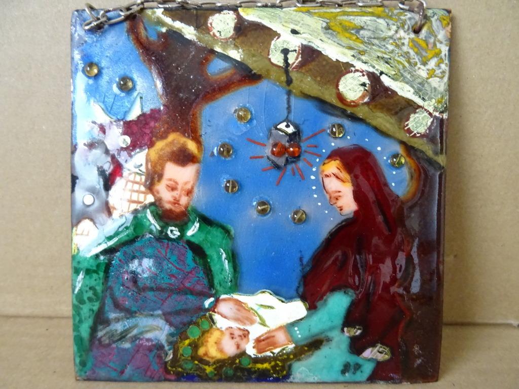 Relief en cuivre émaillé La Sainte Famille 14x14cm 1960, Enlèvement ou Envoi, Utilisé, Autres types, Christianisme | Catholique