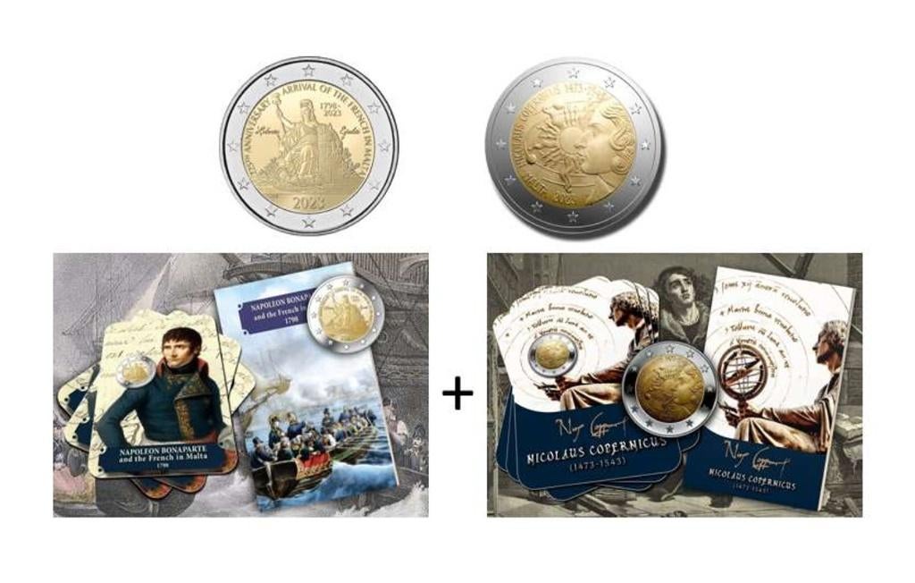 2x 2 euro Malta 2023 Copernicus + Napoleon, Ophalen of Verzenden, Malta, 2 euro, Losse munt