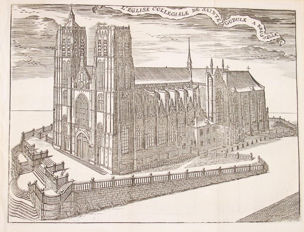 Gravure de 1716 église Ste Gudule, Bruxelles — Harrewijn, Enlèvement ou Envoi