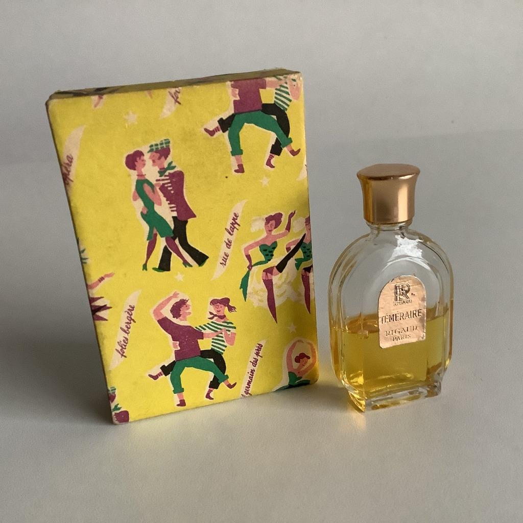 vintage miniatuur parfumflesje Rigaud Téméraire uit 1952, Ophalen of Verzenden, Gebruikt, Miniatuur, Gevuld