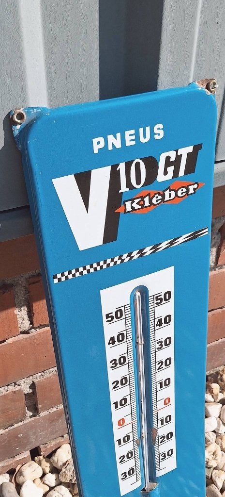Emaille thermometer van bandenmerk Kléber V10 GT., Ophalen, Gebruikt, Reclamebord