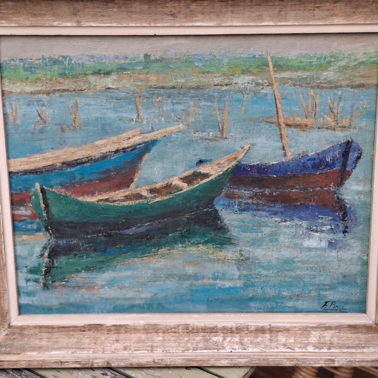 Port en Italie (Tarente), Enlèvement ou Envoi, Peinture à l'huile, Signé, Maritime / eau