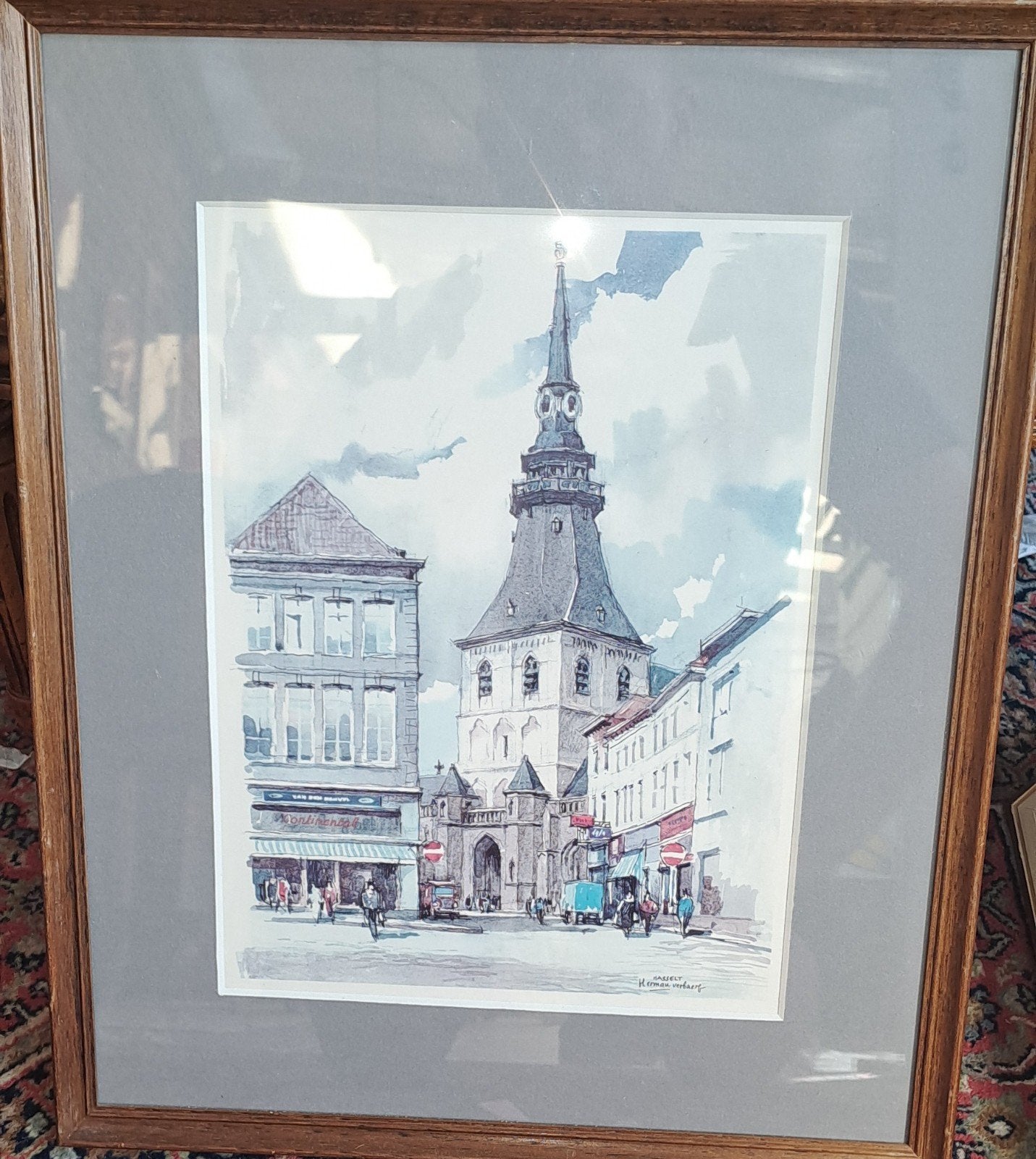 Prachtig Ingelijst Stadsgezicht Hasselt – Gecertificeerd Her, Antiquités & Art, Enlèvement, Estampe, Signé